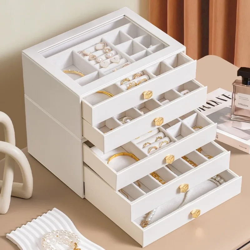 Leather Large Jewelry Storage Box Pulling Earring Organizer Boxes Portable Ring Necklace Packaging Case Bracelet Collection Case