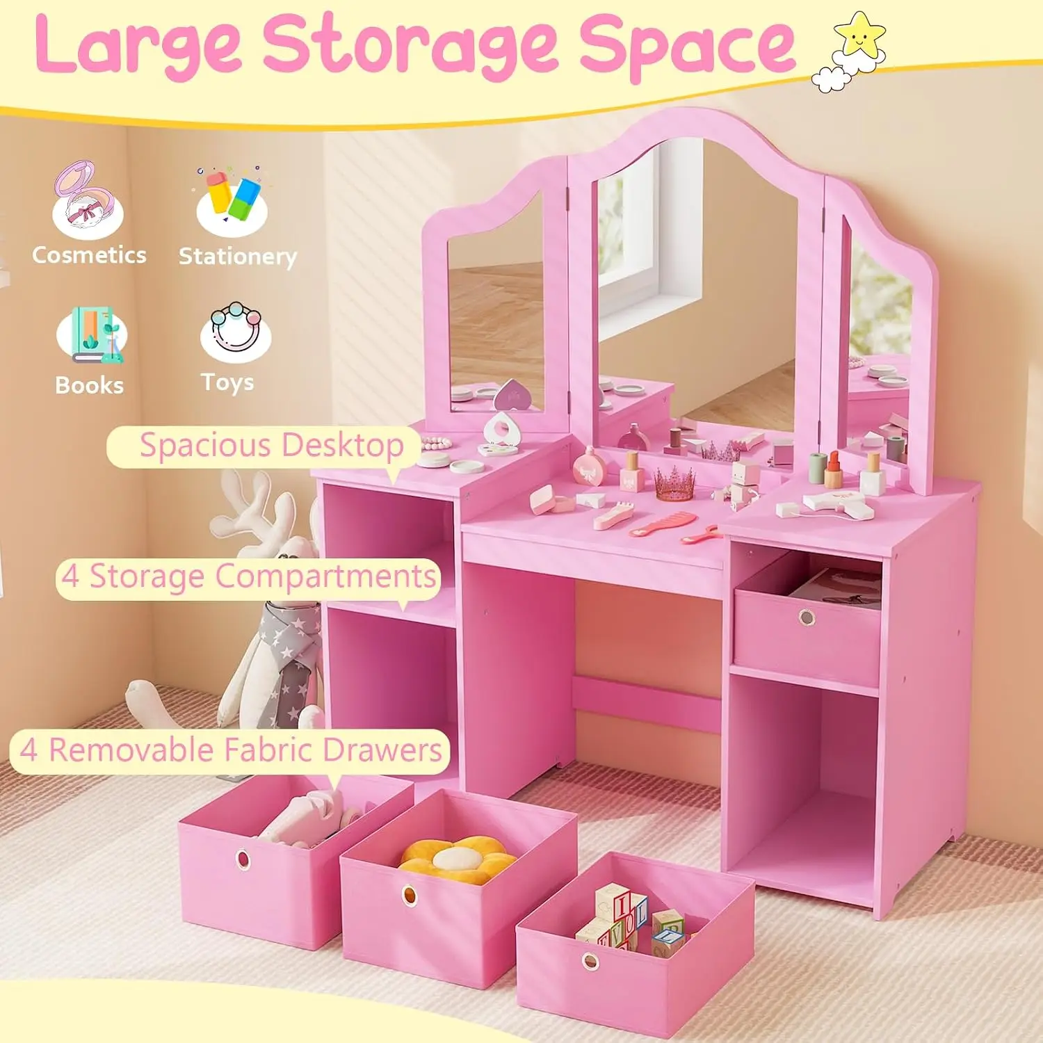2 in 1 Princess Makeup Desk & Chair Set with Tri-Folding Mirror, 4 Storage Bins, Wooden Toddler Vanity, Custom