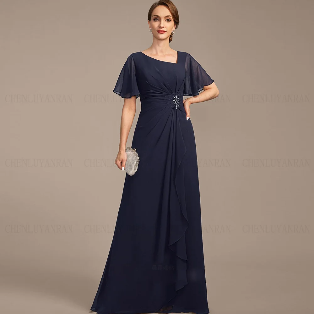 

Simple A-line Mother of the Bride Dresses 2024 Short Sleeves Long Wedding Guest Gowns Beading A-line Dress Women For Wedding