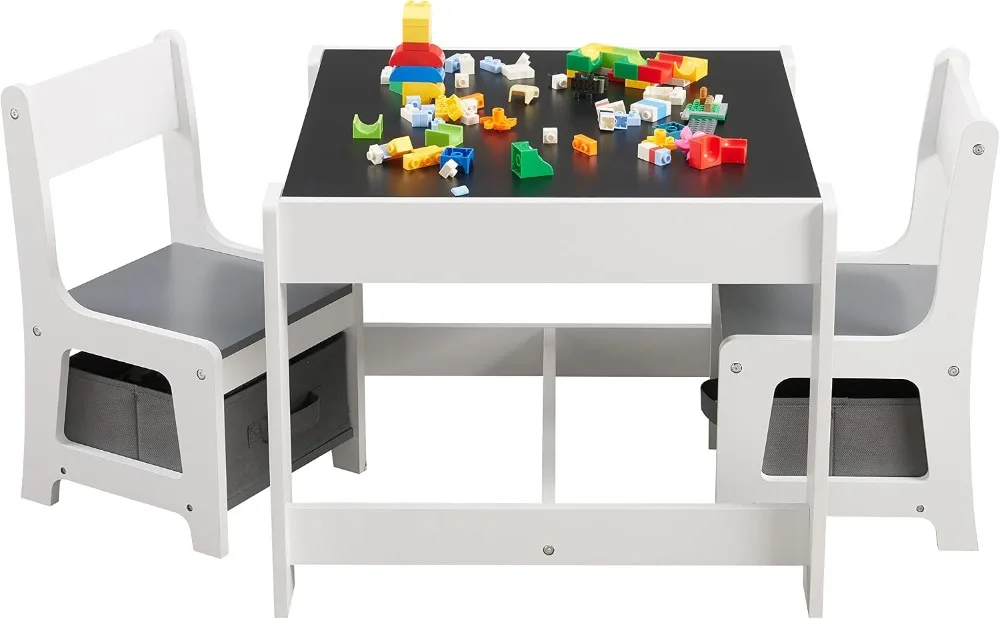 3-in-1 Wooden Kids Table and Chair Set with Storage Drawer for Drawing, Reading, Crafts, Gray