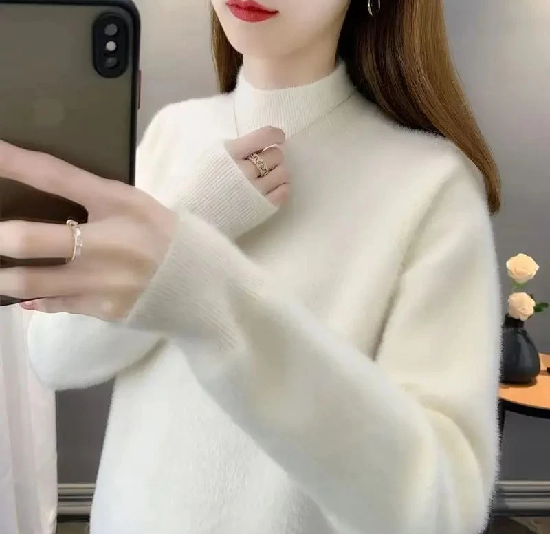 Modieuze korte nep-otterbont gebreide trui losse halfhoge kraag damesbasisshirt herfst wintercollectie