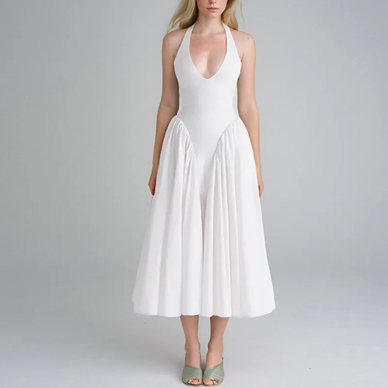 Elegant Party Dress Wedding Guest Woman Crinkle Long A Line V Neck Sleeveless Maxi Dress Halter Deep V Neck Evening Prom Party