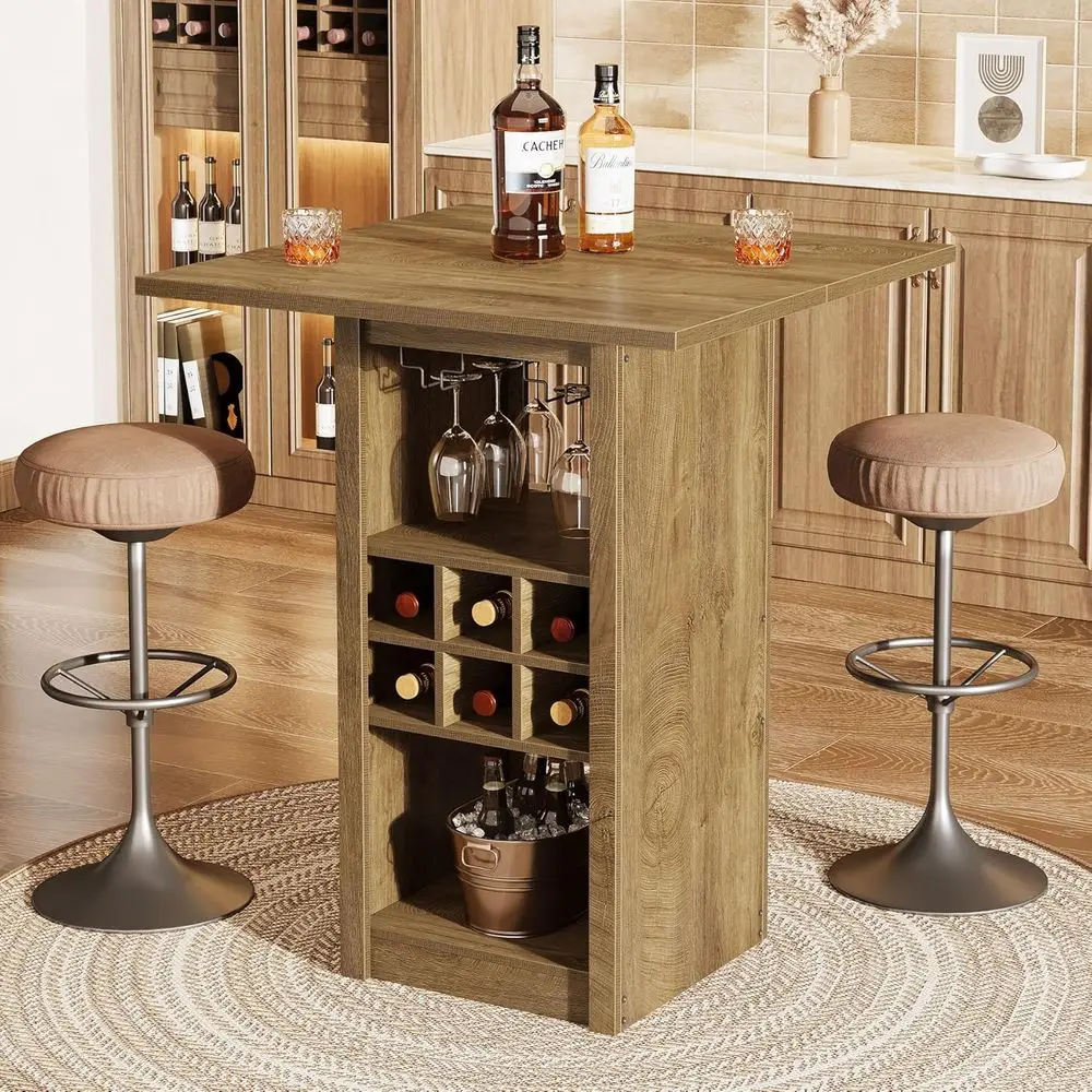 

31.5 Square 4-Tier Counter Height Bar Table with Glass Holders, Wine Racks, and Storage Shelves in Brown