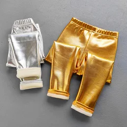 Thicken Pants For Girls Autumn Winter Glossy Metallic Fleece Plus Warm Leggings Silvery Golden Kids Pants Children Slim Trousers