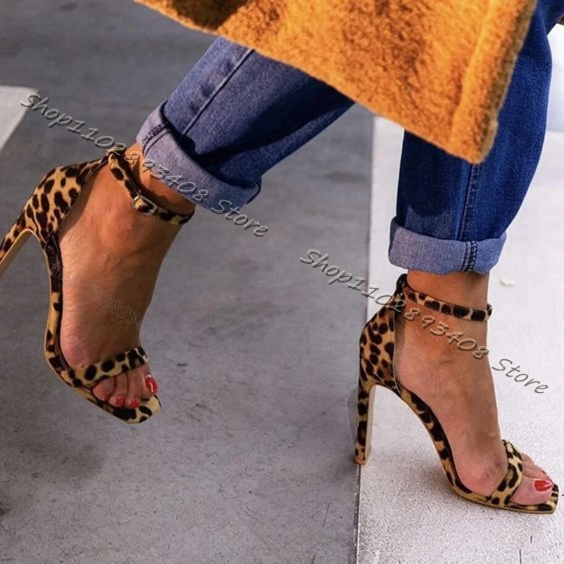 

Leopard Print Cover Heels Sandals Ankle Buckle Open Toe Stiletto High Heels Sandals Women Stylish Sexy Shoes Zapatos Para Mujere