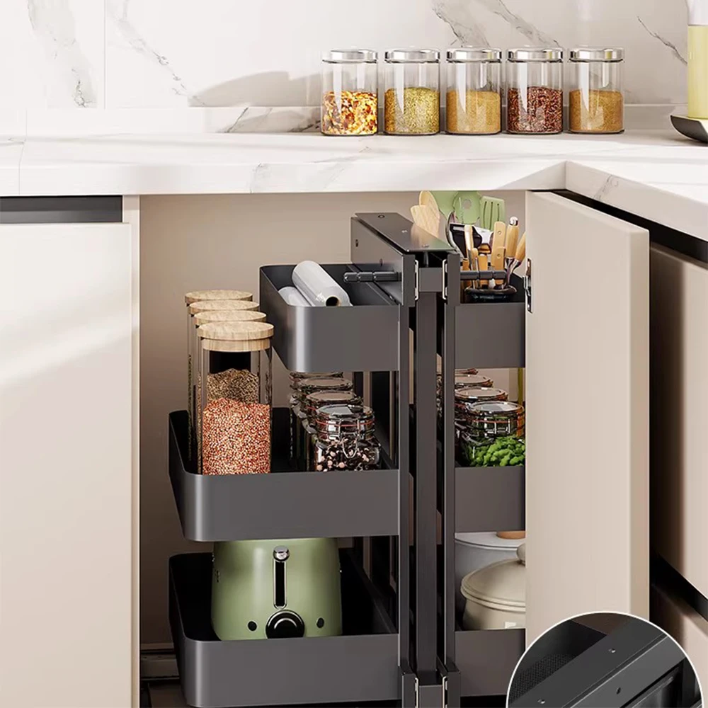 Corner Kitchen Cabinet 3-layer Drawer Storage Shelf Built-in Rack Small Space Aluminum Alloy Pot Rack Storage Basket Dark Gray