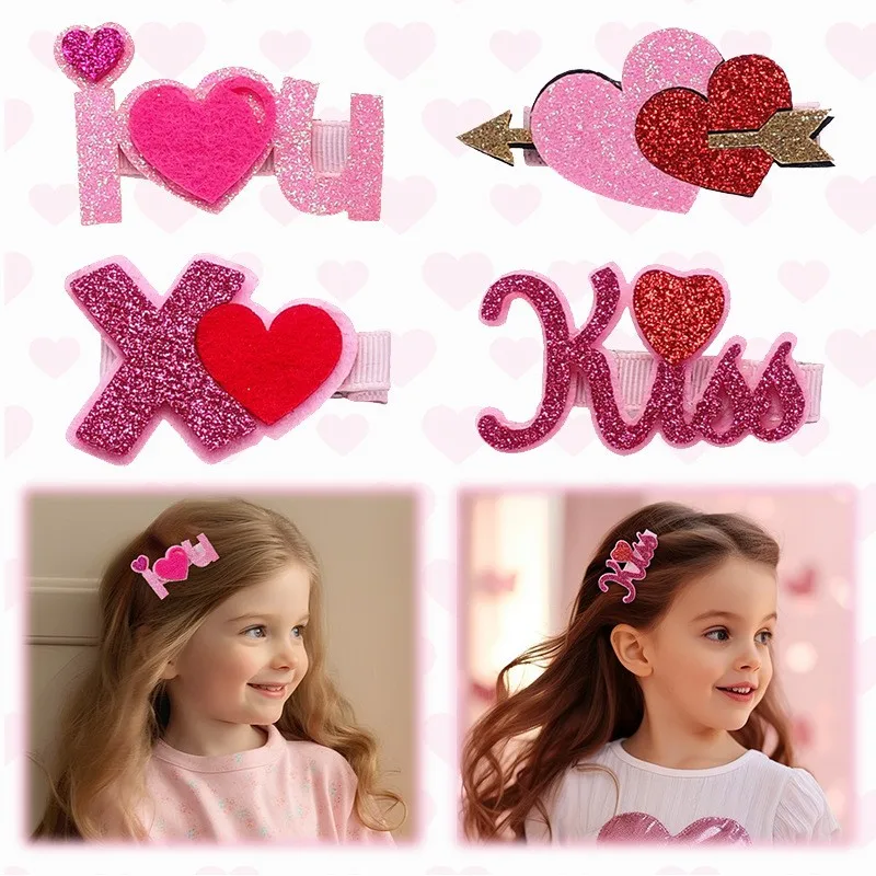 

4pcs/lot Glitter Heart Bow Hair Clips Baby Pink Heart Bow Hairpins Girls Love Heart Barrettes Valentine's Day Hair Accessories