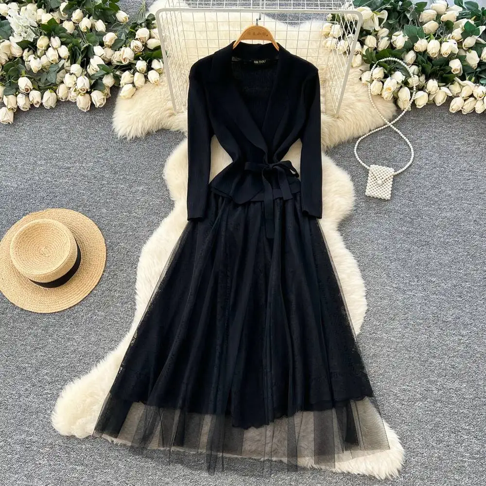 Sexy Elegant long sleeve Spliced mesh dress Vestidos autumn korean fashion Vintage women clothing