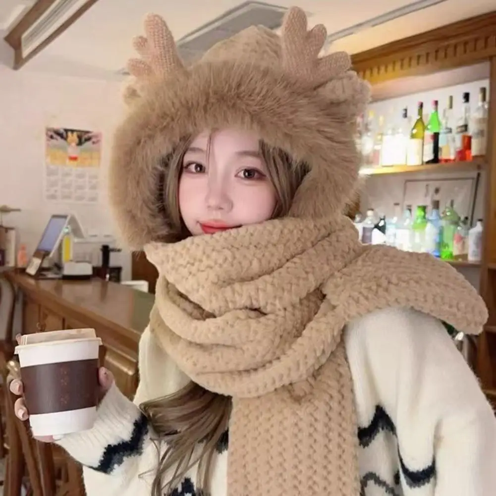 Women 3-in-1 Winter Hat Set Cozy Winter Set Plush Antler Decor Scarf Hat Gloves for Women Fuzzy Faux Fur Windproof Outdoor Gear