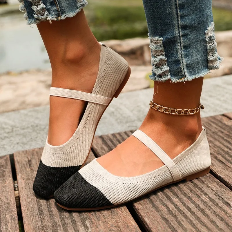 Colorblock Knit Mary Jane Flats Women Elastic Strap Square Toe Breathable Comfortable Casual Ballet Shoes Sandalias Mujer