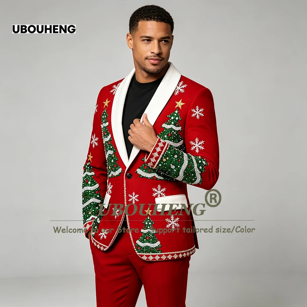 Male Fashion Christmas Suit Men Formal Wear Crystals Beading Stones Jacket Pants 2 Piece Sets Man Banquet Tuxedo Attire Slim Fit