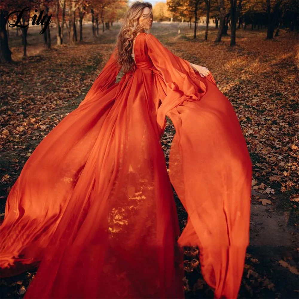 Lily Orange V Neck Prom Dresses Chiffon Evening Dresses Gowns Full Sleeves Ball Gowns Pleat Night Dresses Gowns robes de soirée
