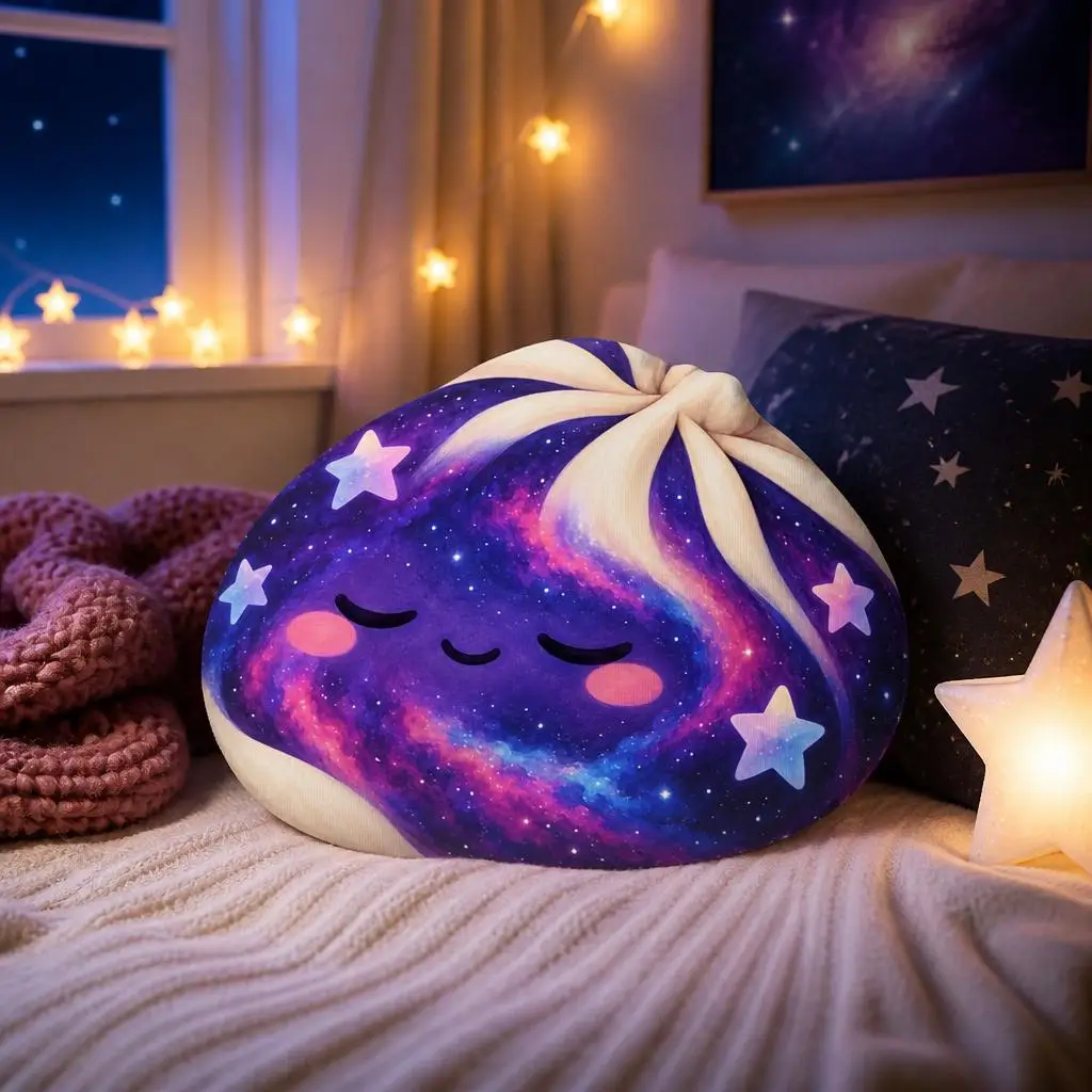 Kawaii Sleepy Galaxy Bao Bun Shaped Throw Pillow Celestial Star Cushion Stuffed Plush Floor Pillow Purple Home Decor Gift