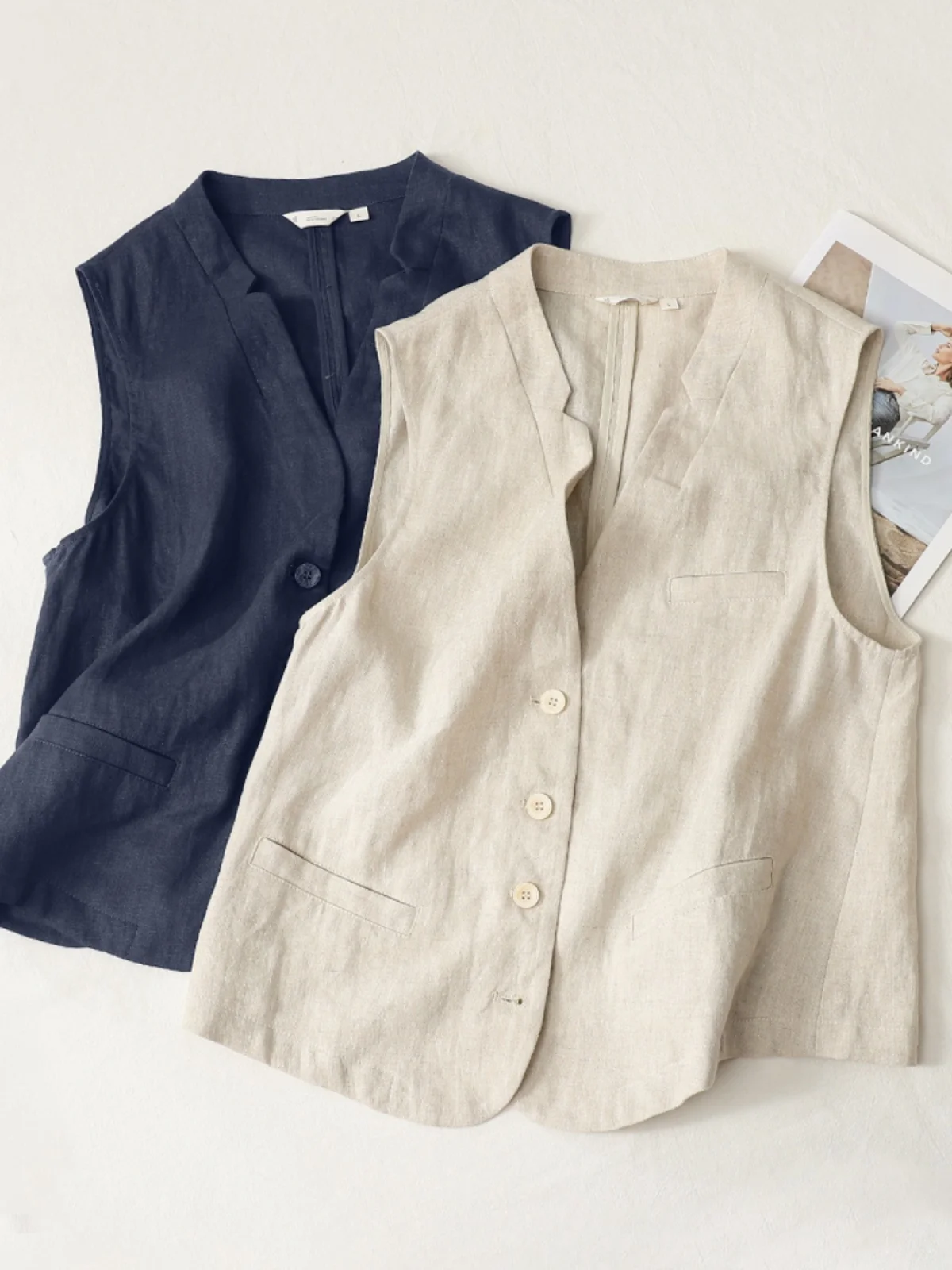 

Свободный хлопковый льняной жилет, женский тонкий жилет с v-образным вырезом, верхняя одежда с верхним слоем, однотонные пуговицы для поездок на работу
