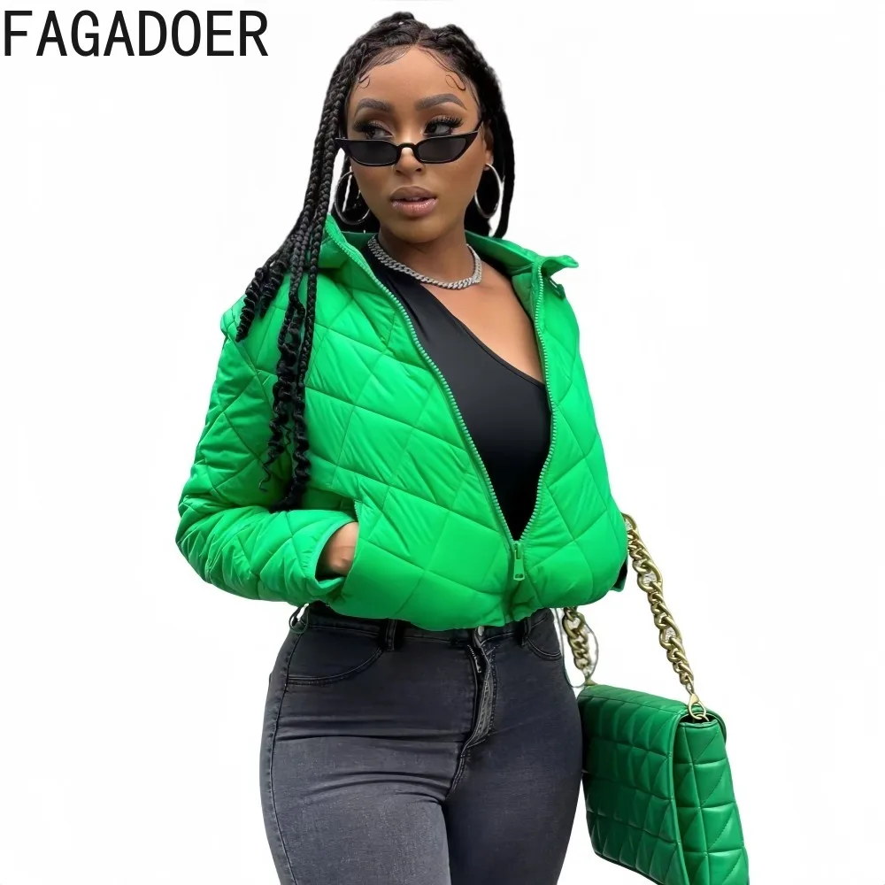 FAGADOER Autumn New Fashion Drawstring Patchwork Coat Jacket for Women Green Zip Long Sleeve Hooded Crop Top Female Streetwear