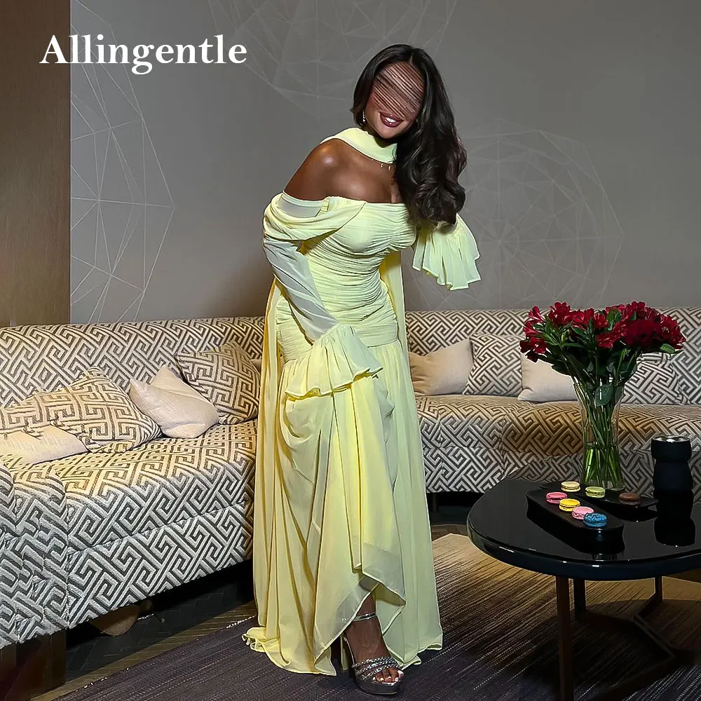 

Yellow Long Sleeves Evening Dress with Shawls Pleats Chiffon Elegant Bespoke Occasion Dress Arabic Long Prom Dresses Customized