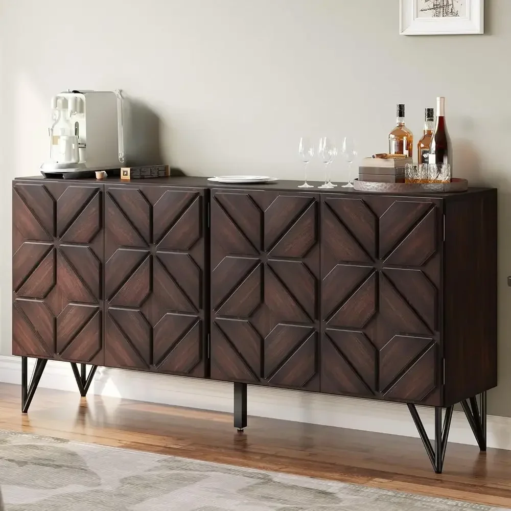 63” Solid Acacia Wood Sideboard Buet Cabinet, Hand-Carved Geometric Door ole with Adjustable Shelves or Hallway, Living Room or