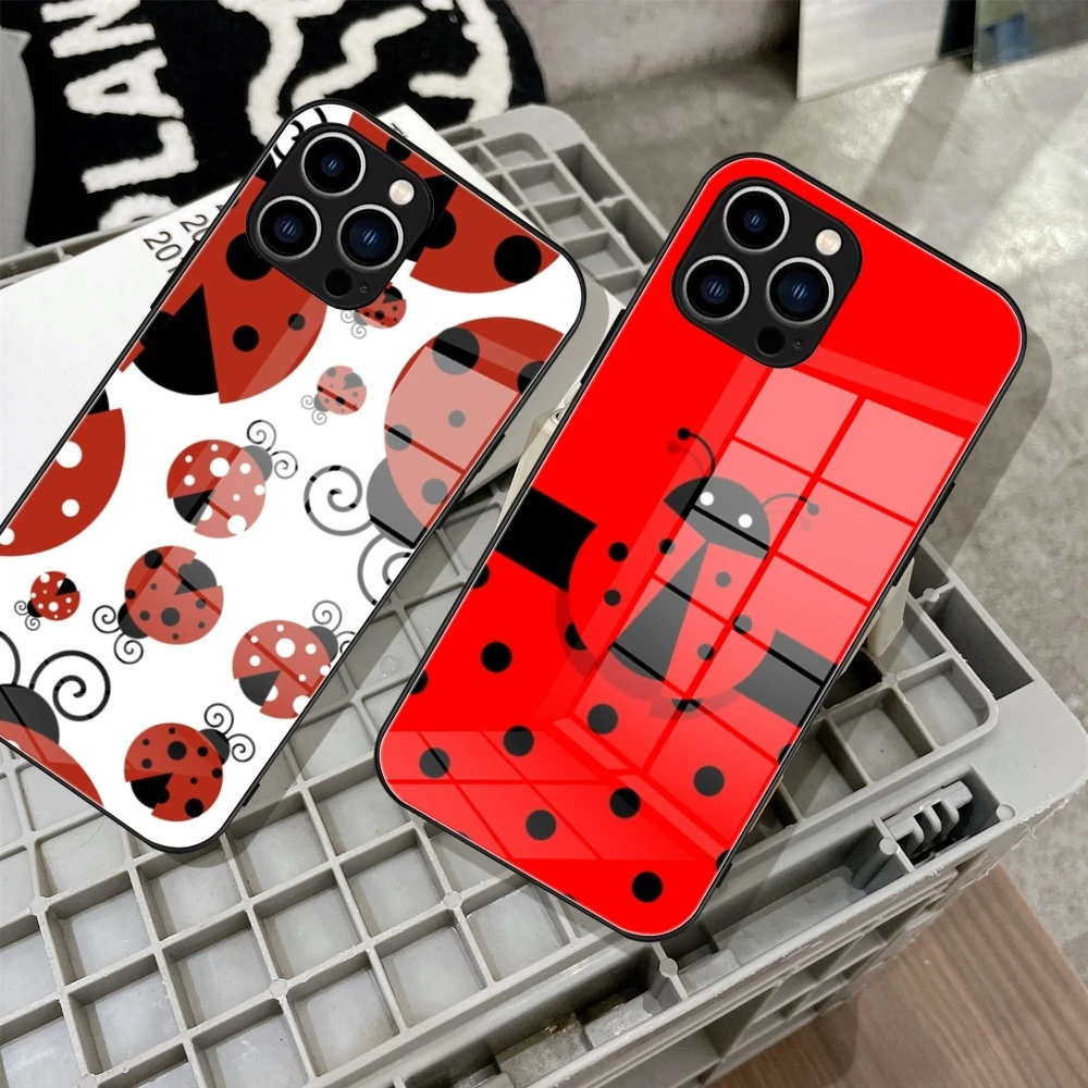 Insect Seven-star ladybug Painted Phone Case Tempered Glass For IPhone 15 14 13 12 11 Pro Max Plus Samsung S24 Ultra S23 Covers