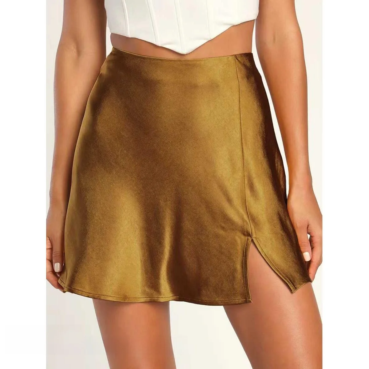 

Сексуальная юбка-трапеция с разрезом и высокой талией, атласная ткань, юбка для поездок на работу, чистый цвет, другой материал, весна 2024 г.