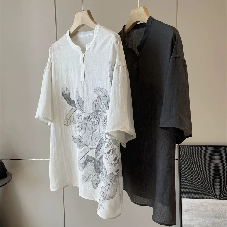 

Watercolor Rendering Hanfu Style Stand Collar Shirt Zhi2500 Pure Flax Fabric Traditional Japanese Kyoto Print Women's Shirt