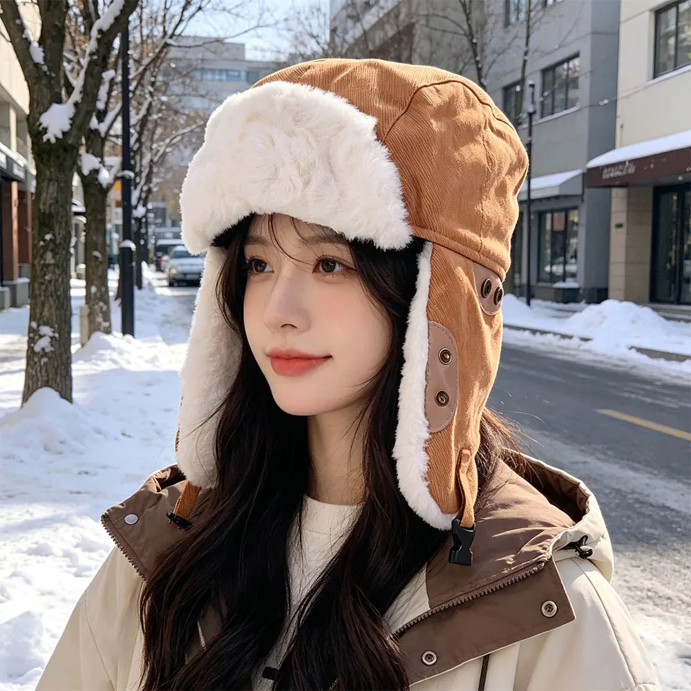 

Sweet Thickened Ear Protective Hat Solid Color Windproof Winter Pilot Hat Keep Warm Korean Style Women Plush Hat Autumn