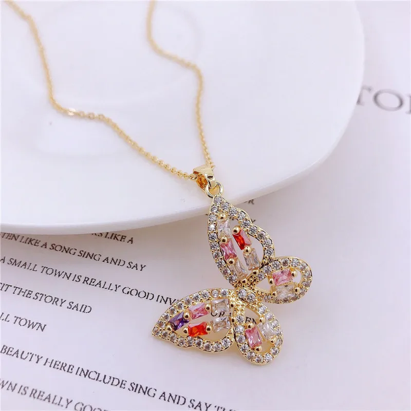 Luxury Colorful Zircon Big Butterfly Pendant Necklace Stainless Steel Choker Collar Jewelry Party Gifts For Women Girls