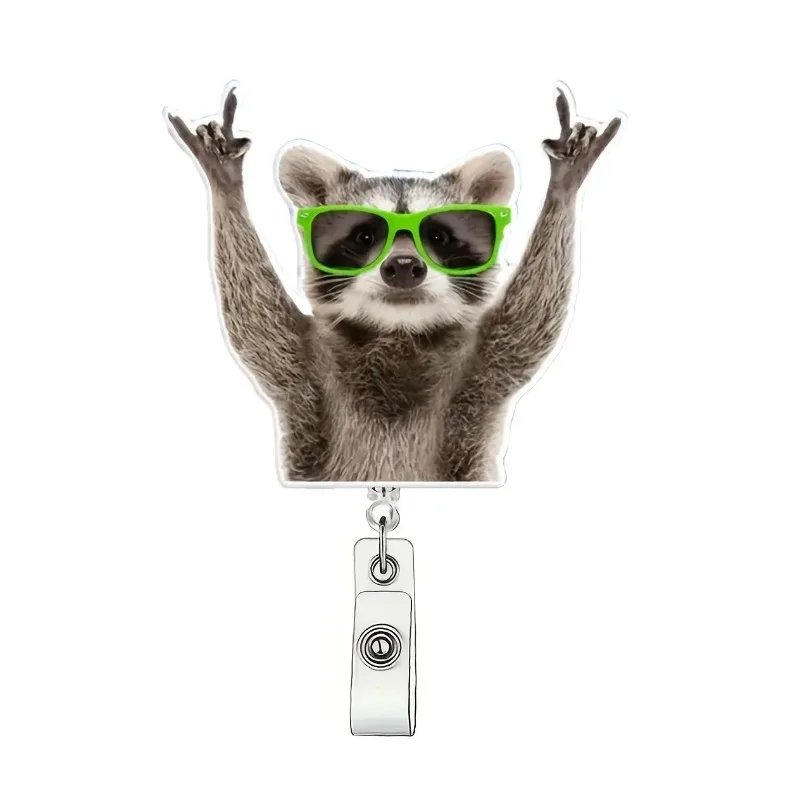 1pc clipe de crachá retrátil de guaxinim hip-hop bonito, corda de náilon durável, adequado para trabalhadores de escritório, enfermeiras, estudantes, médicos