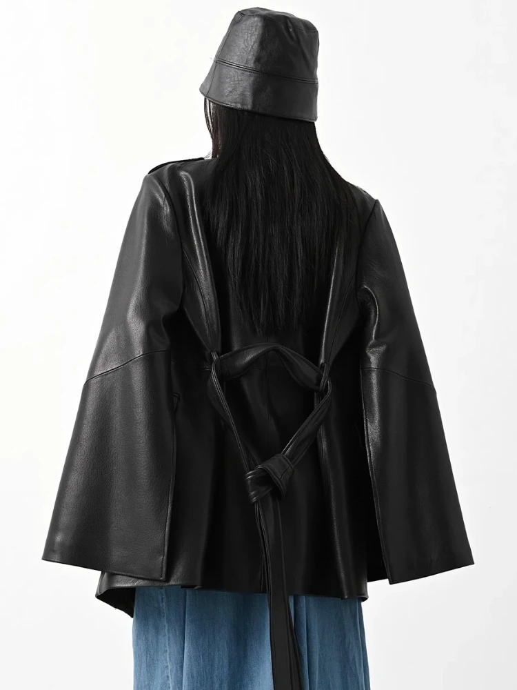 Lace-up Genuine Leather Windbreaker Jackets Women Spring Autumn High-end Simple Stand Collar Soft Black Real Sheepskin Cape Coat