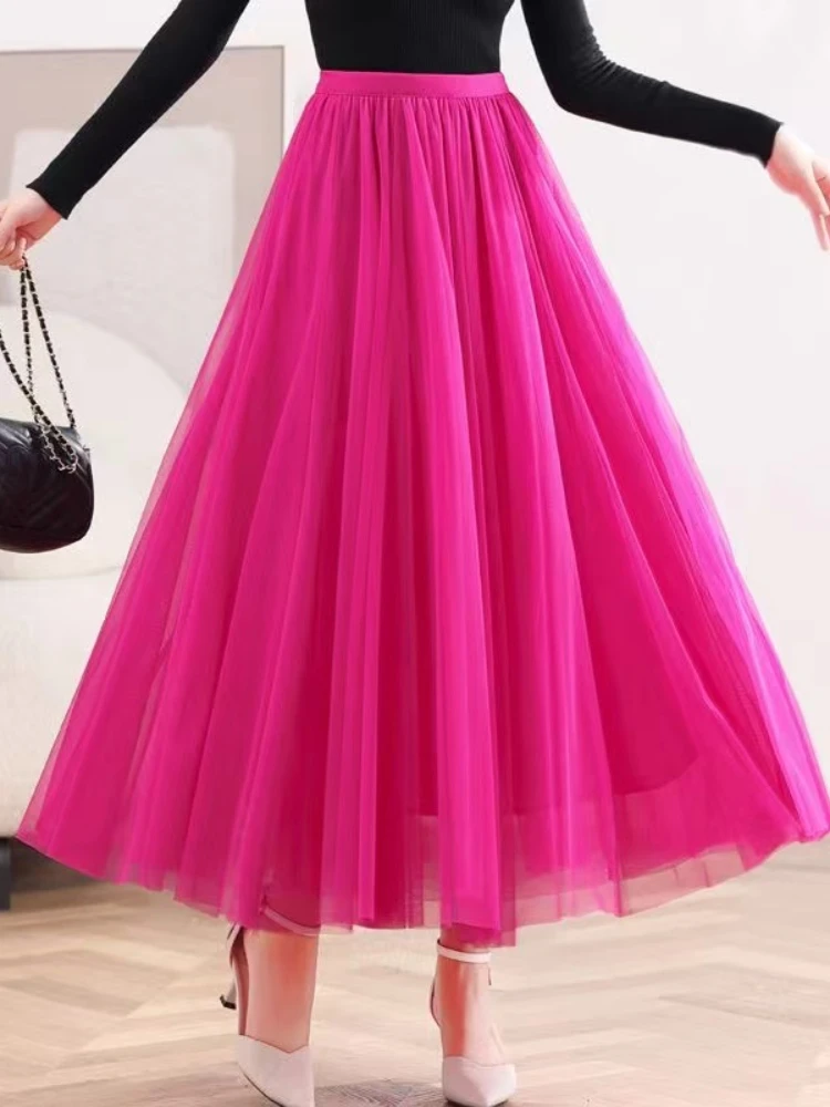 

Spring New Mesh Purple High Waist Skrit for Women 2022 Fashion Slim Fit Pleated Mid-length Skirt Female Elegant Holiday Faldas