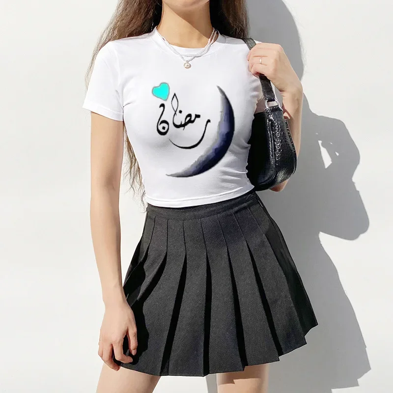 Women Crop T Shirt Ramadan Moon Arabic Letter Heart Print Short Sleeve Slim Fit Muslim Festival Casual Graphic Tee Top
