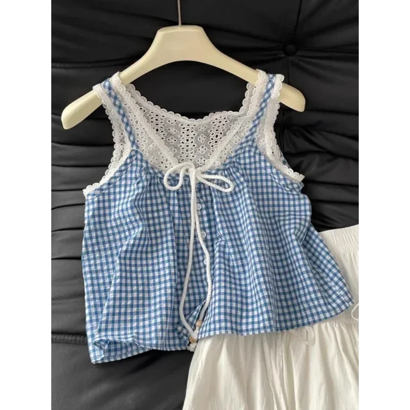 Two Vest 2025 Women Clothing Patchwork Plaid Hollow Out Loose Tops Ropa Mujer Fashion Sweet Camis Korean Summer Cute Tanks