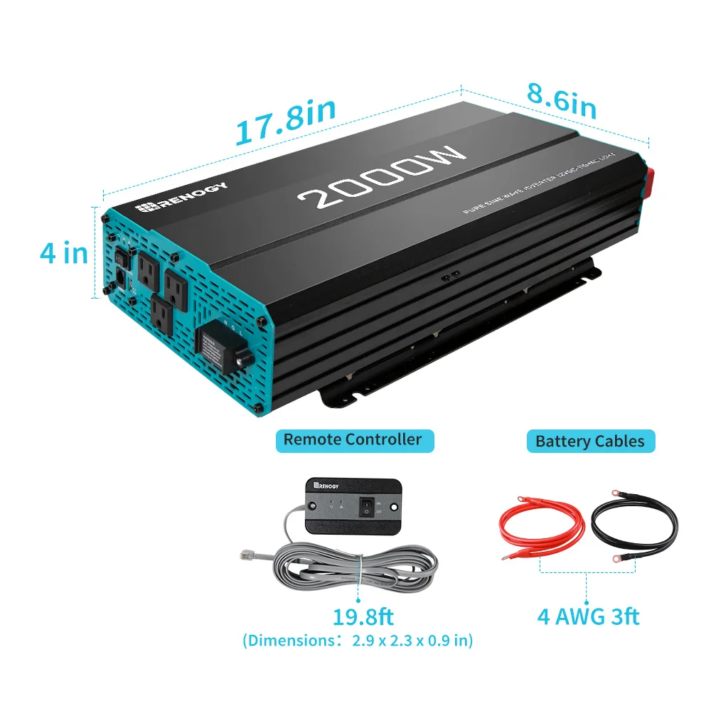 Renogy 2000W Pure Sine Wave Inverter 12V DC to 120V/240V AC for Home RV Off-Grid Solar Power  50/60HZ Converter Solar Car Inver