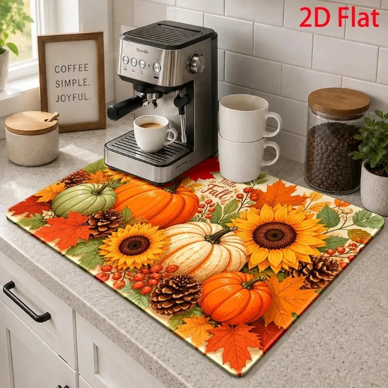 Coffee Bar Mat Sunflower Autumn Pumpkin Pinecone Water Absorbing Thanksgiving Day Table Runner