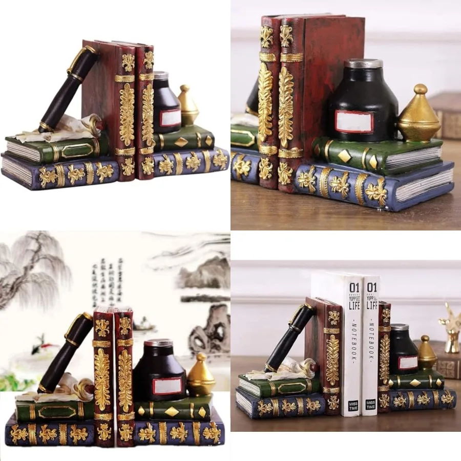 

25389 Bookends Antiques Pen Ink Lamp Magical Oldworld Liabrary Office Book Ends for Shelves Stopper Vintage Collection Heavy Du