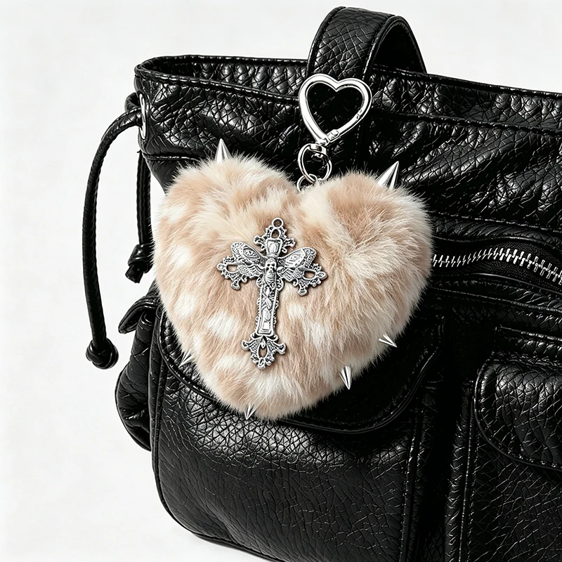 Gothic Y2K Leopard Plush Heart Bag Charm Spike Cross Bat Devil Wing Keychain Fluffy Love Heart Pendant bag Decor Bag Accessories