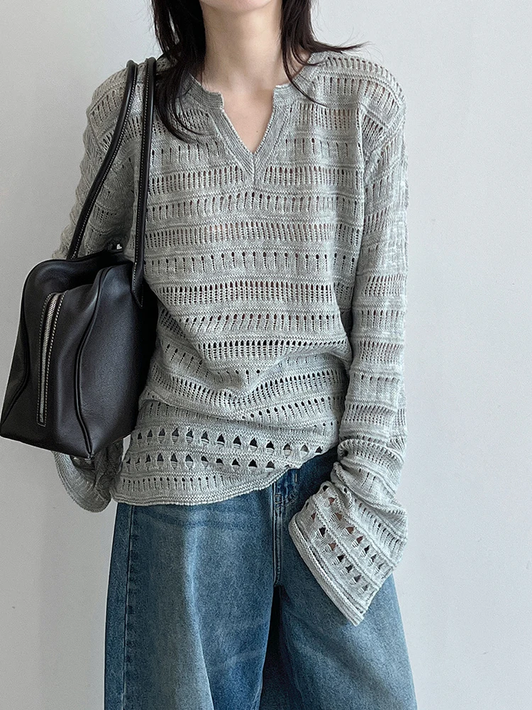 Beige Hollow Out Big Size Knitting Sweater V-Neck Long Sleeve Women Pullovers New Fashion Tide Spring Autumn