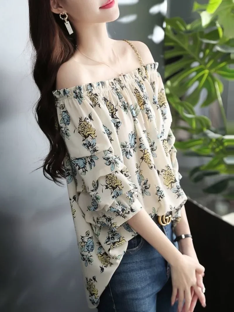 With Print Women's Shirt and Blouse Frill Ruffle Streetwear Female Tops Basic Fine Elegant Modern Long Clothing Sales Youthful M