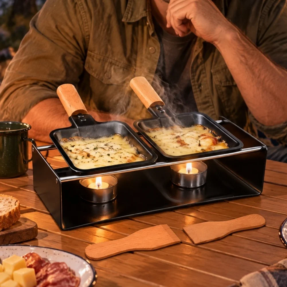 Cheese Raclette Grill Dual Pan Melting Set with 2 Wooden Spatulas for Family Meals and Outdoor Culinary Experiences