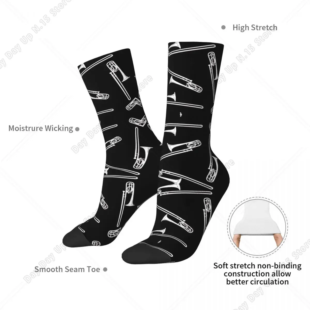 Trumpet White On Dark Red Socks Harajuku High Quality Stockings All Season Long Socks for Man's Woman's Birthday Present