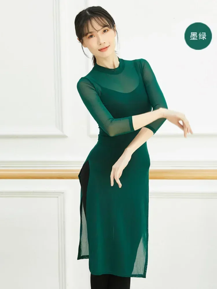 2024 Split Transparent Ballet Costume Long T-Shirt Adult Mesh High Neck Belly Dance Top Women Clothes Dancer Wear Clothing