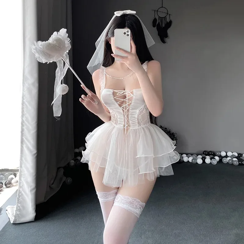 Cosplay Bride Party Costumes Sexy Underwear Princess Costumes Set Exotic Wedding Dress Roleplay With Two Side Ties Hollow Out