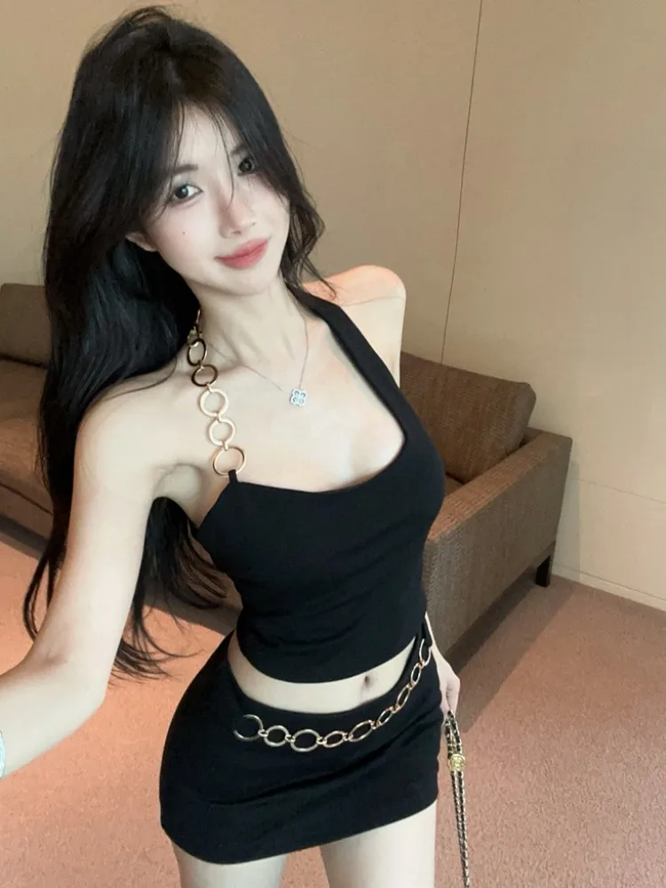 

Sexy American Style Metal Ring Asymmetrical Strap Vest Backless Slimming Bodycon Skirt Set Women Summer Fashion Commute