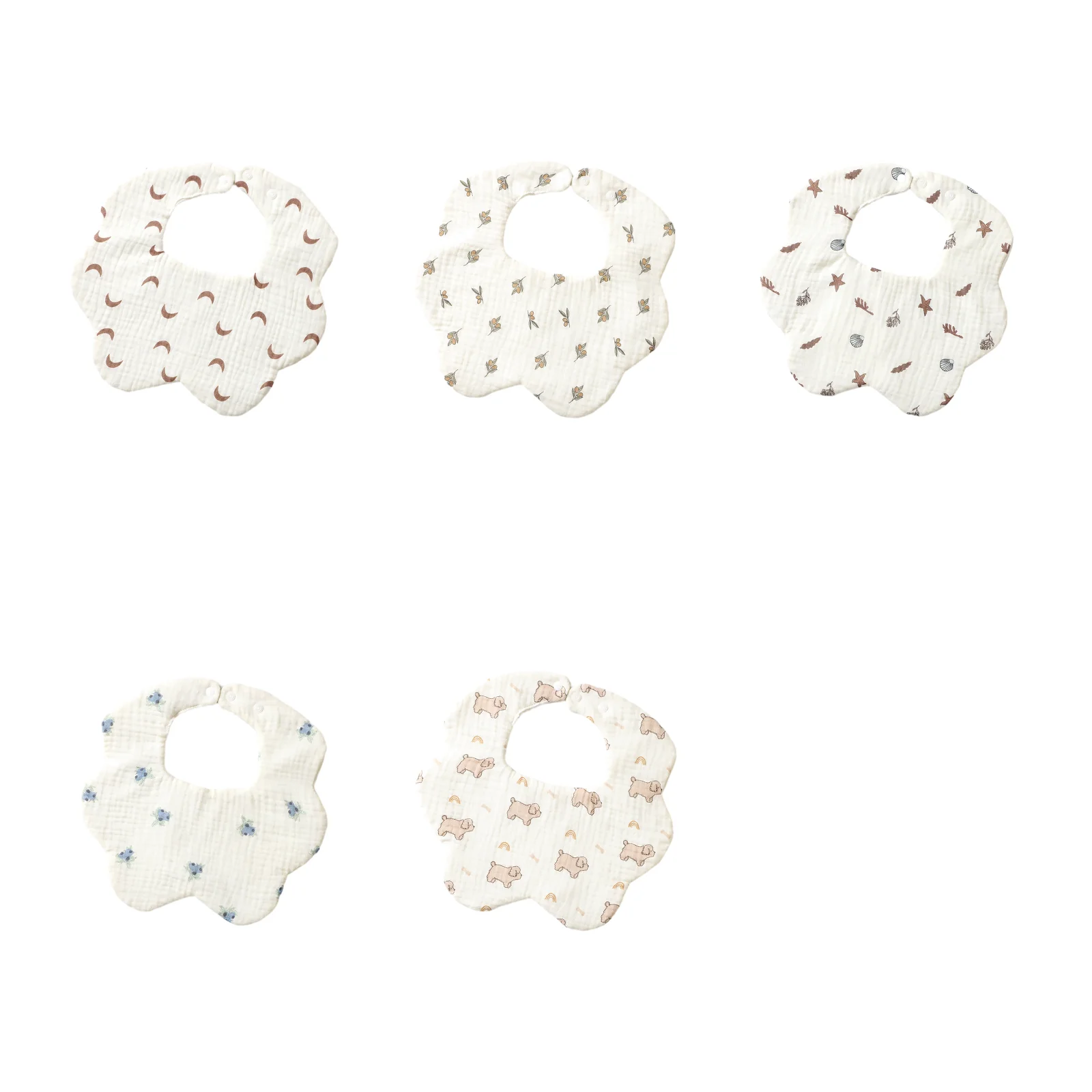 

5-piece baby saliva towel bib set: Moon Wanwan + Sweet Orange + Undersea Star Shell + Bauhinia Blossom + Lucky Puppy