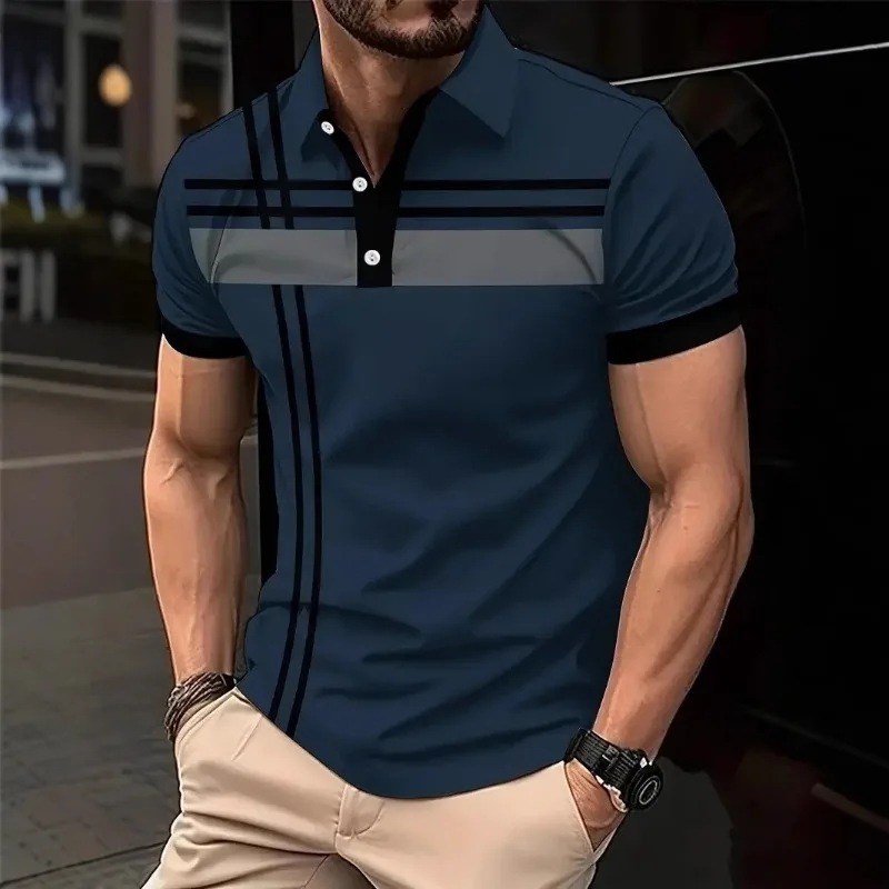 Summer Men Short Sleeve Fake Pocket Stitching Casual Polo Shirt Tops 100% Polyester image 4