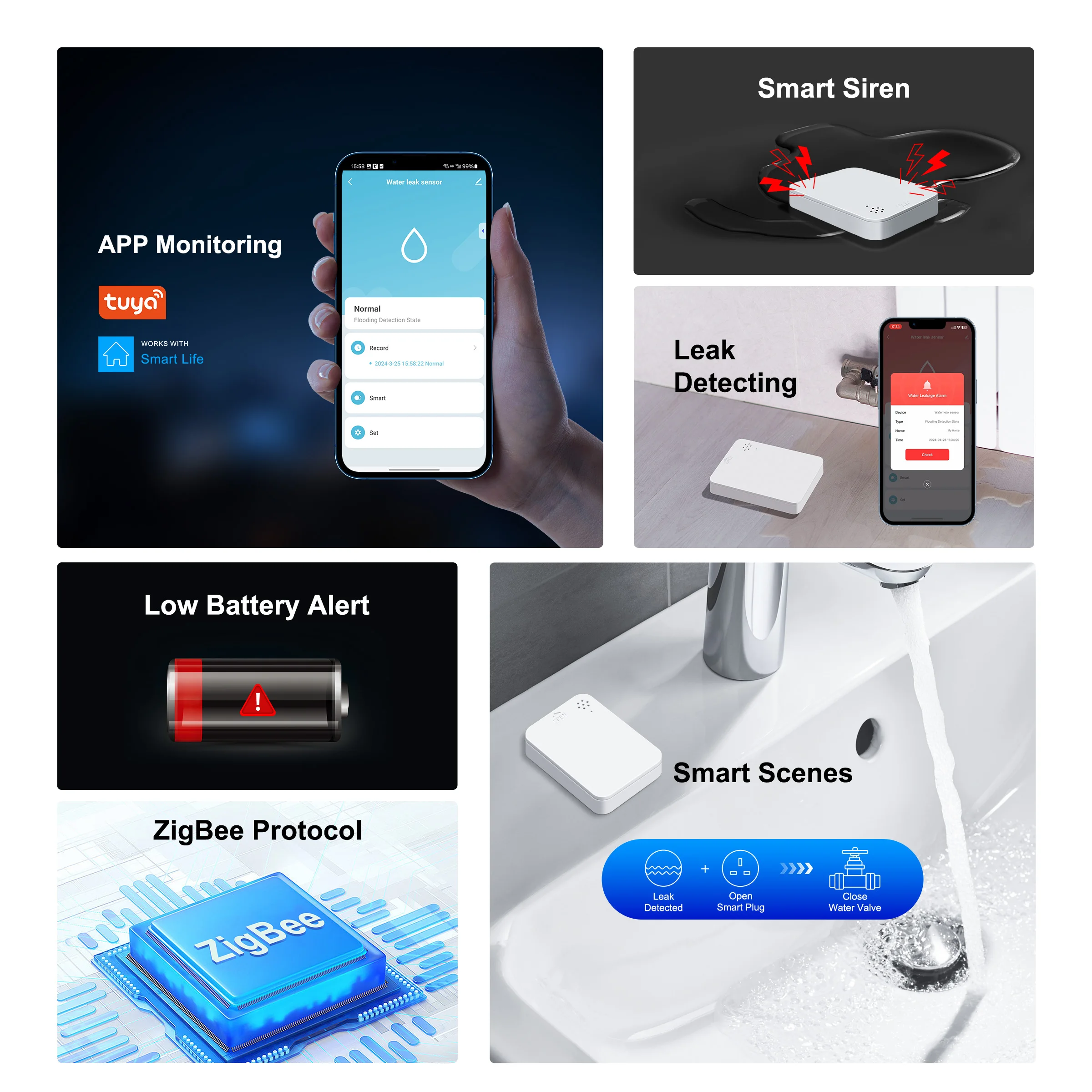 GIRIER Tuya Zigbee Water Leak Sensor Smart Wireless Leakage Detector Built-in Smart Siren 85dB Alarm for Home Automation System