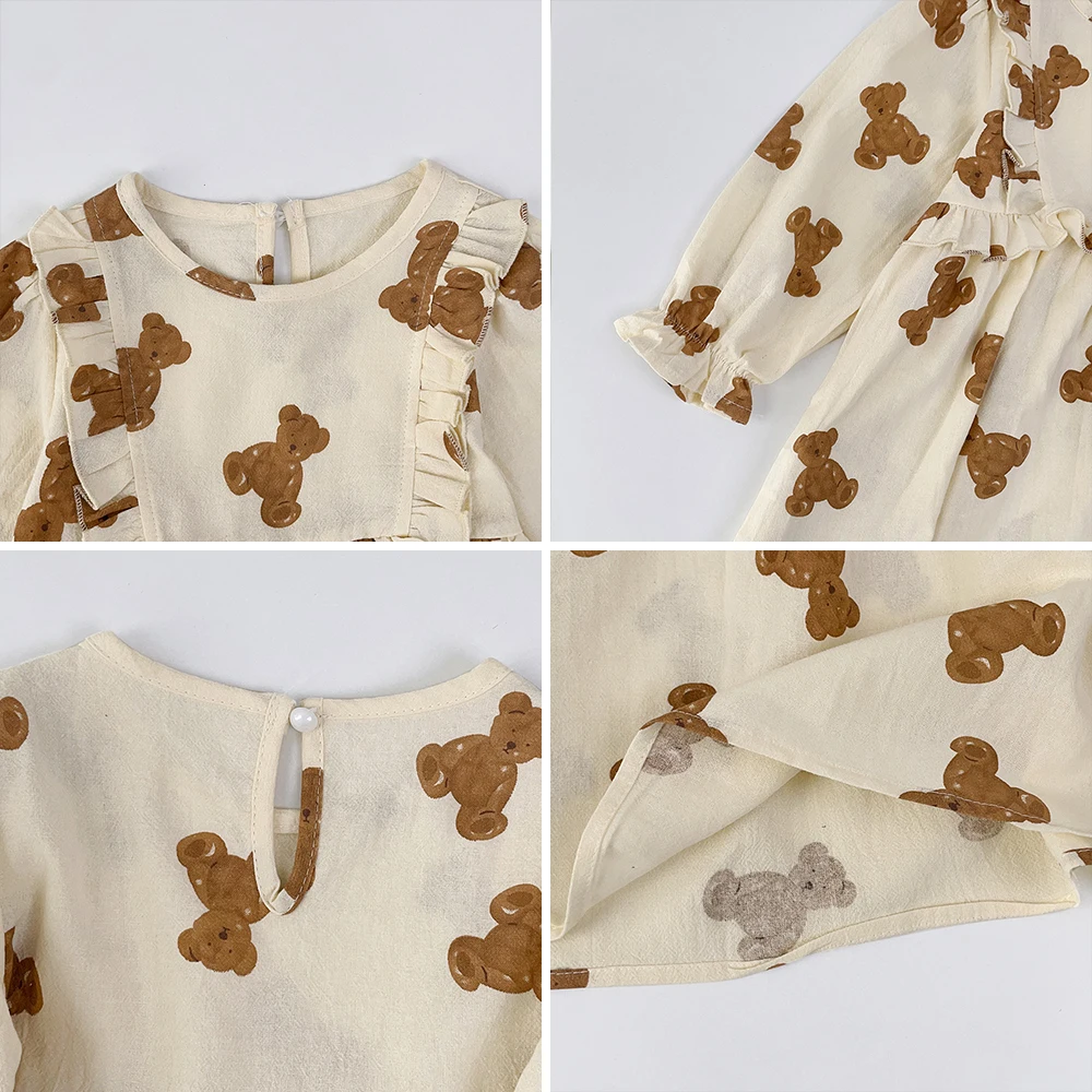 Bear Leader Autumn Winter Girls Dress Fashion Cute Round Neck Little Bear Print Dress Children Girls Long Sleeve Princess Dress