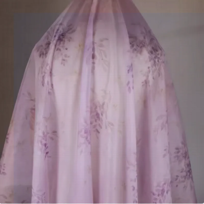 Tessuto Chiffon di alta qualità con stampa floreale viola rosa di bellezza, abito Cheongsam panno Han tessuto per cucire fatto a mano trasparente