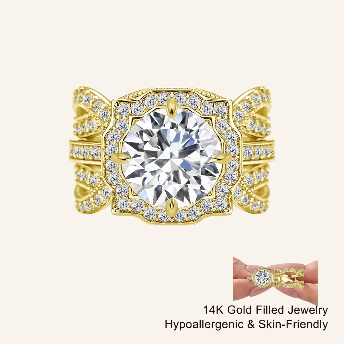 Luxury 2 Piece Bridal Ring Set 14k Gold Filled 3ct Moissanite Engagement Stackable Rings Promise Anniversary Jewelry for Women