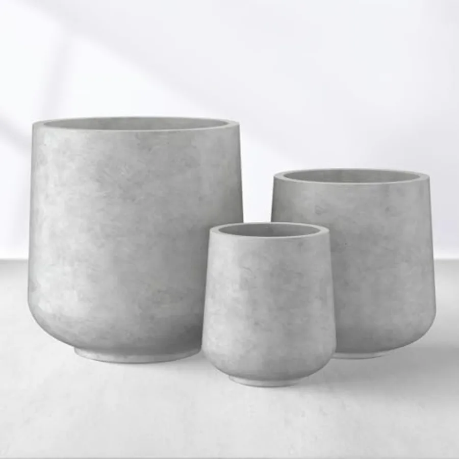 

Outdoor indoor round concrete planter set: 15.3+11.6+8.2 dia, gray, durable concrete, drainage holes with rubber plug, versatil