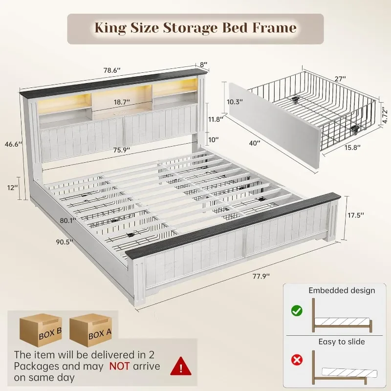 EnHomee King Size Bed Frame and Headboard & Storage, 4 Drawers and LED Built in Charging Station King Bed Frame with Storage